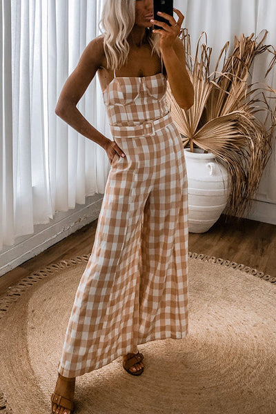 Plaid Wide Leg Slip Jumpsuits