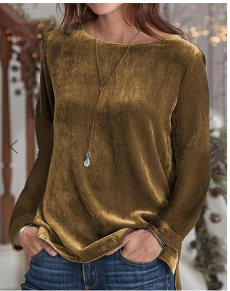 Simple round neck plain  long sleeve velvet top