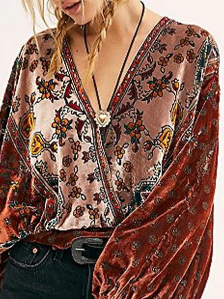 Women'S Round Neck Retro Velvet Loose Print Top