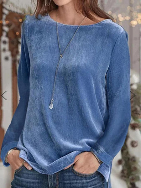 Simple round neck plain  long sleeve velvet top