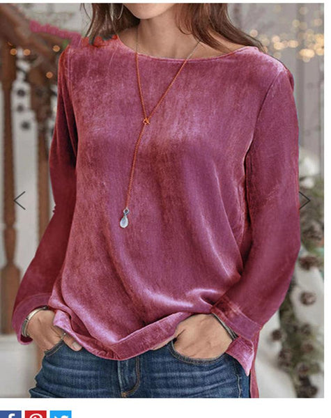 Simple round neck plain  long sleeve velvet top