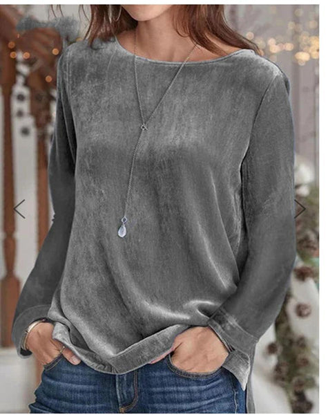 Simple round neck plain  long sleeve velvet top