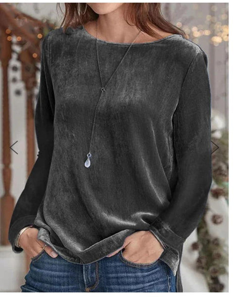 Simple round neck plain  long sleeve velvet top