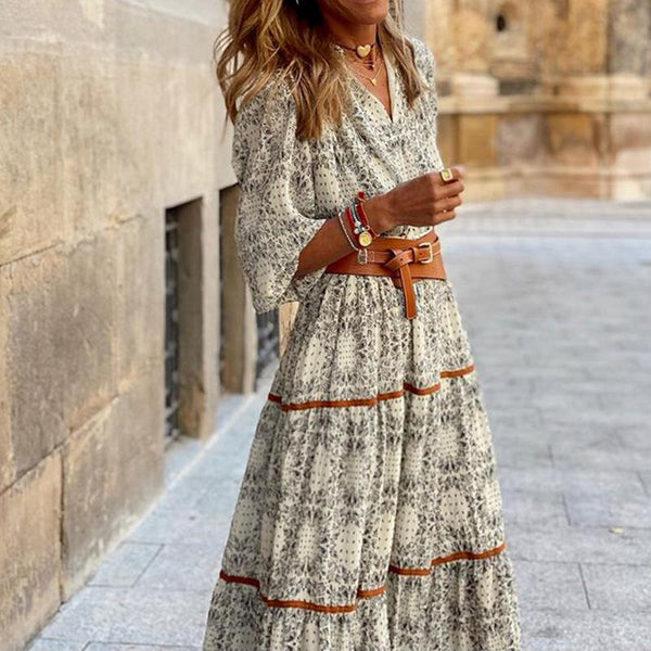 Fashion v neck printed belted vacation dress