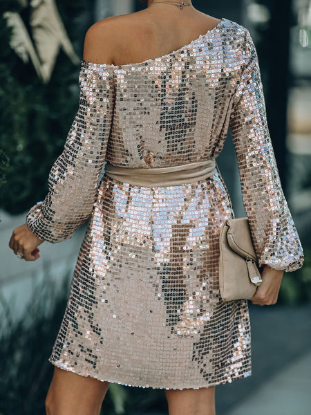 Open shoulder gold sequins belted evening dress