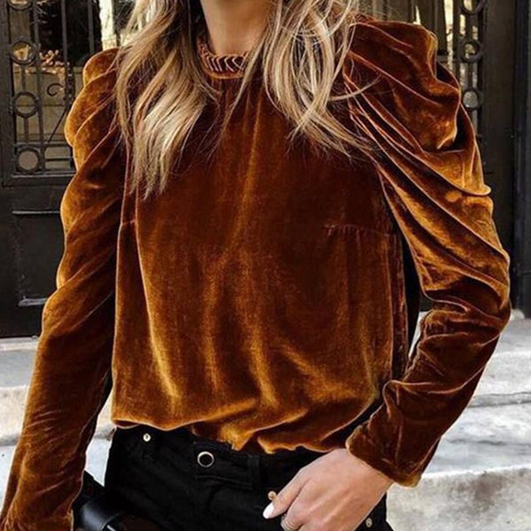 Ruffled neck plain velvet top