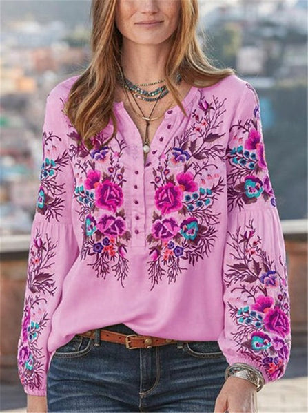 V-neck button women flower printed autumn top