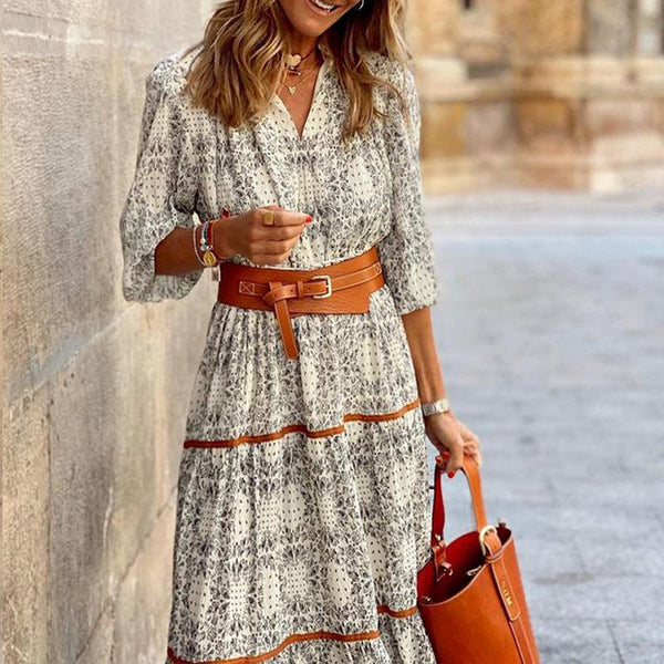 Fashion v neck printed belted vacation dress