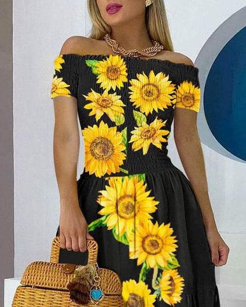 Off the shoulder sunflower printed black beach dress