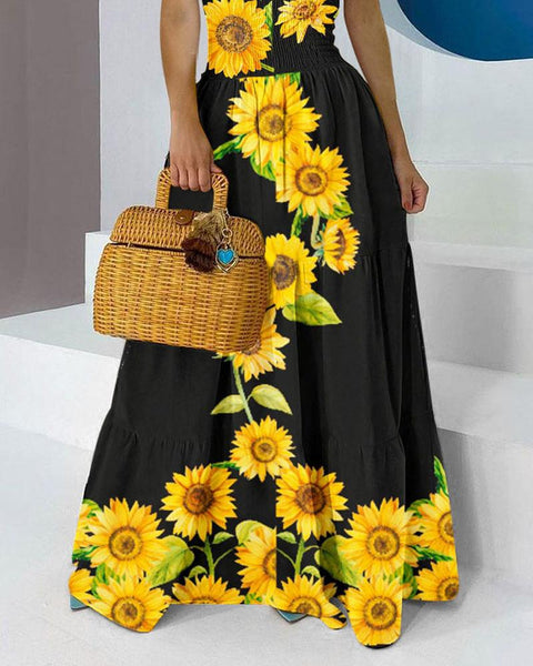 Off the shoulder sunflower printed black beach dress