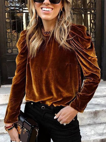 Ruffled neck plain velvet top