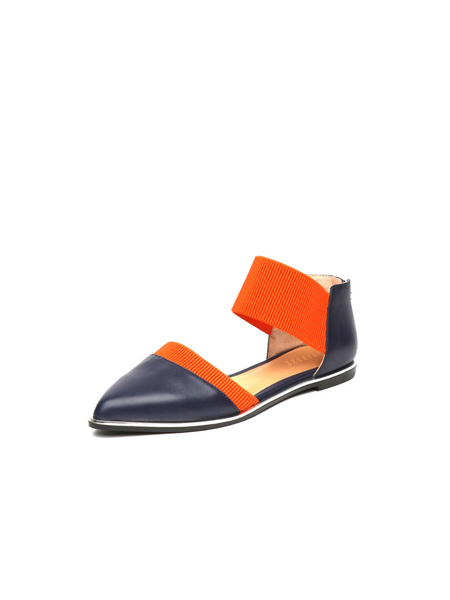 JADY ROSE | POINTED LEATHER ANKLE-STRAP FLAT - NAVY