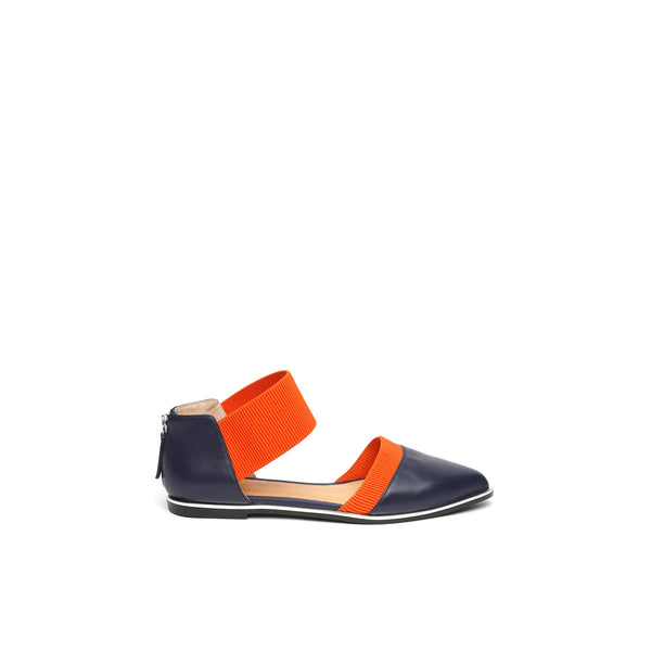 JADY ROSE | POINTED LEATHER ANKLE-STRAP FLAT - NAVY