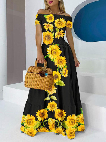 Off the shoulder sunflower printed black beach dress