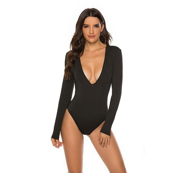 Deep V Neck Bodycon Body Suit - girlyrose.com