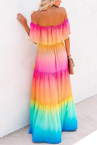 Gradient Off Shoulder Belted Maxi Dress - girlyrose.com