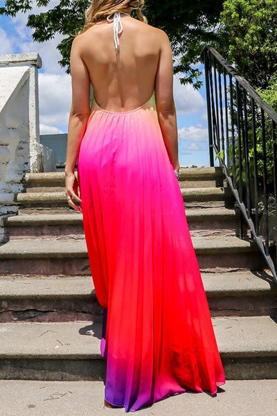 Gradient Color Halter Neck Backless Maxi Dress - girlyrose.com